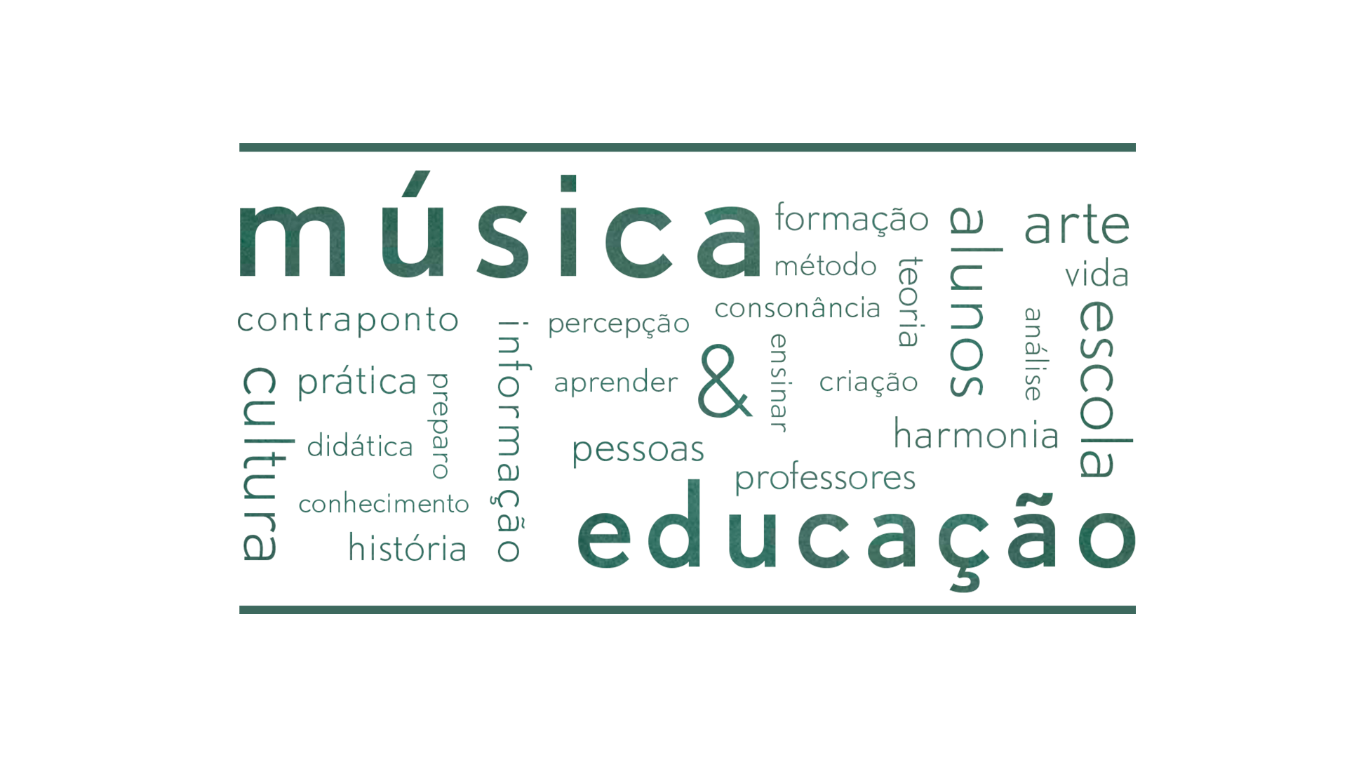Fundo branco com margens verdes, com várias palavras em verde com destaque para Música e Educação.