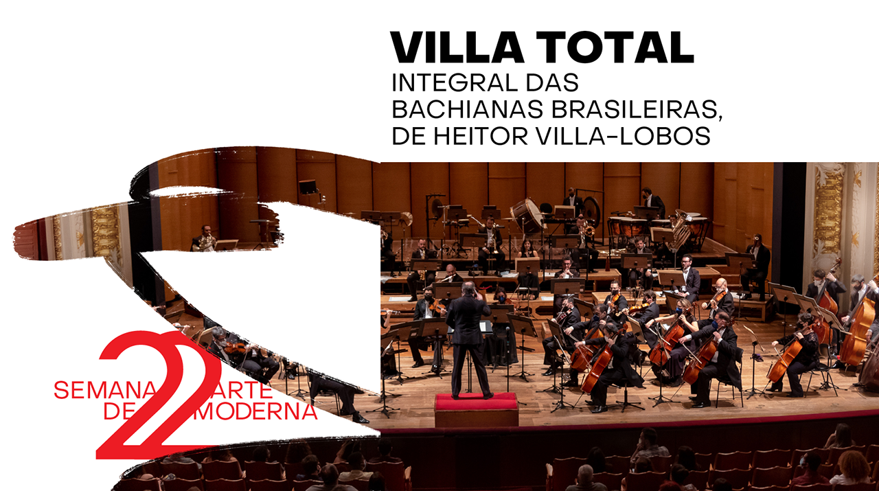 SEMANA DE 22: Orquestra Sinfônica Municipal apresenta integral de Bachianas Brasileiras de Heitor Villa Lobos. Imagem da orquestra tocando com maestro regendo à frente