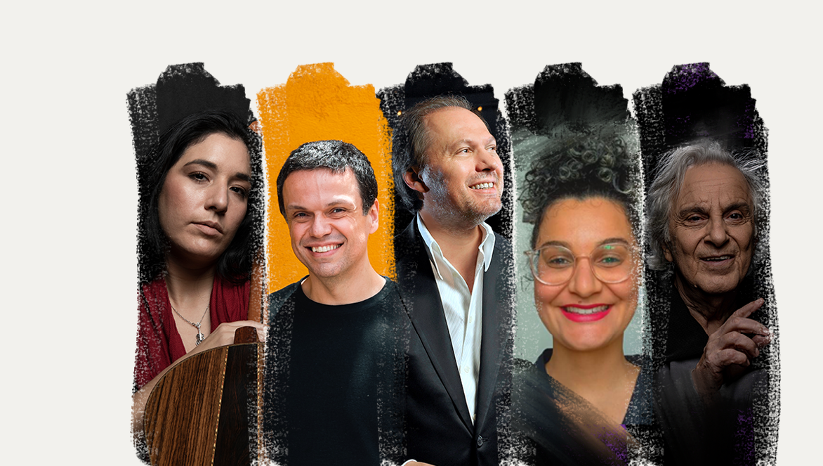 Fundo cinza escrito em preto no canto esquerdo Conversa de Bastidor. Composição de fotos com os cinco convidados que participam da atividade