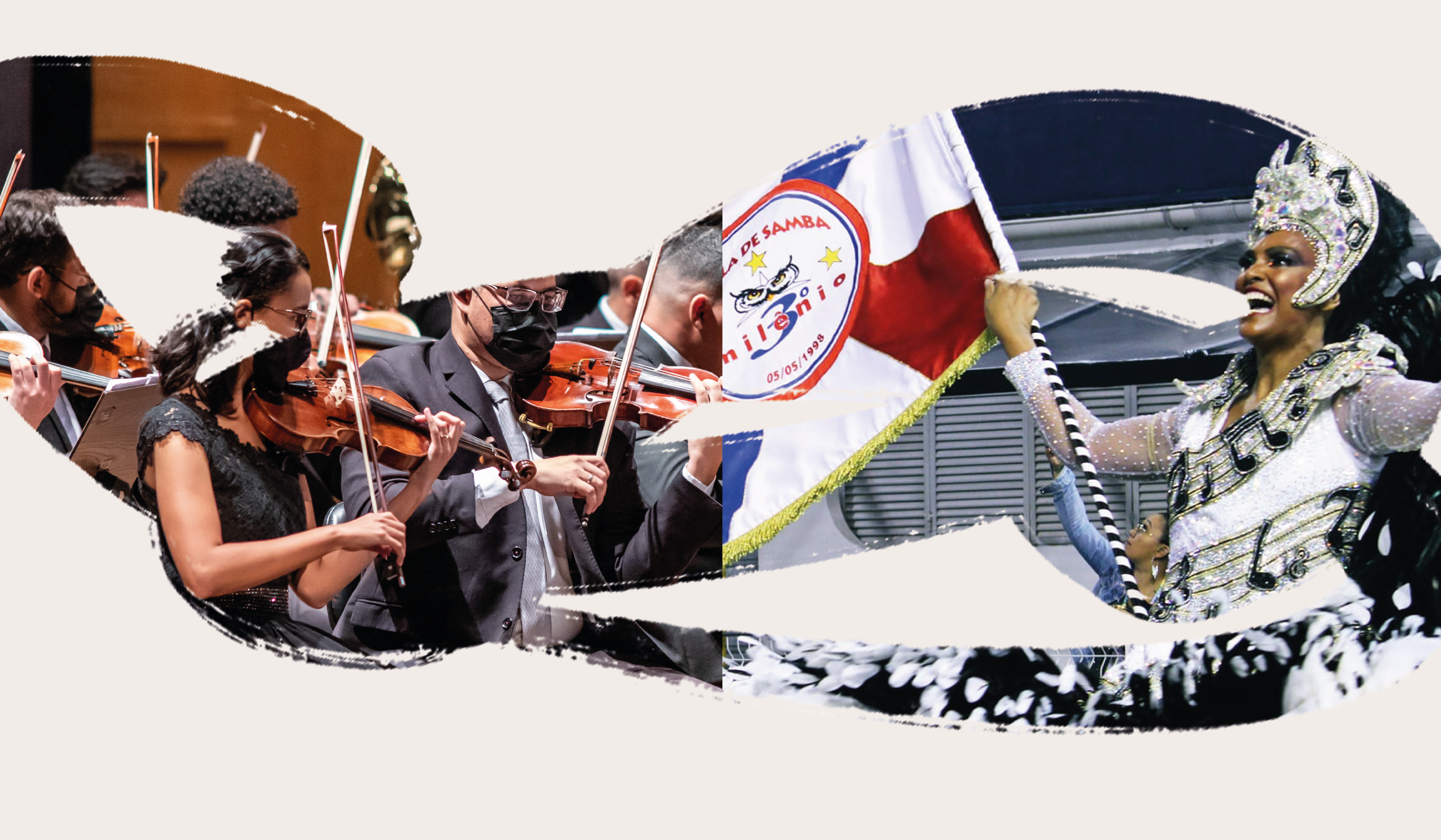 Montagem que mostra músicos da orquestra tocando seus respectivos instrumentos à esquerda e porta-bandeira da escola de samba à direita com traje carnavalesco