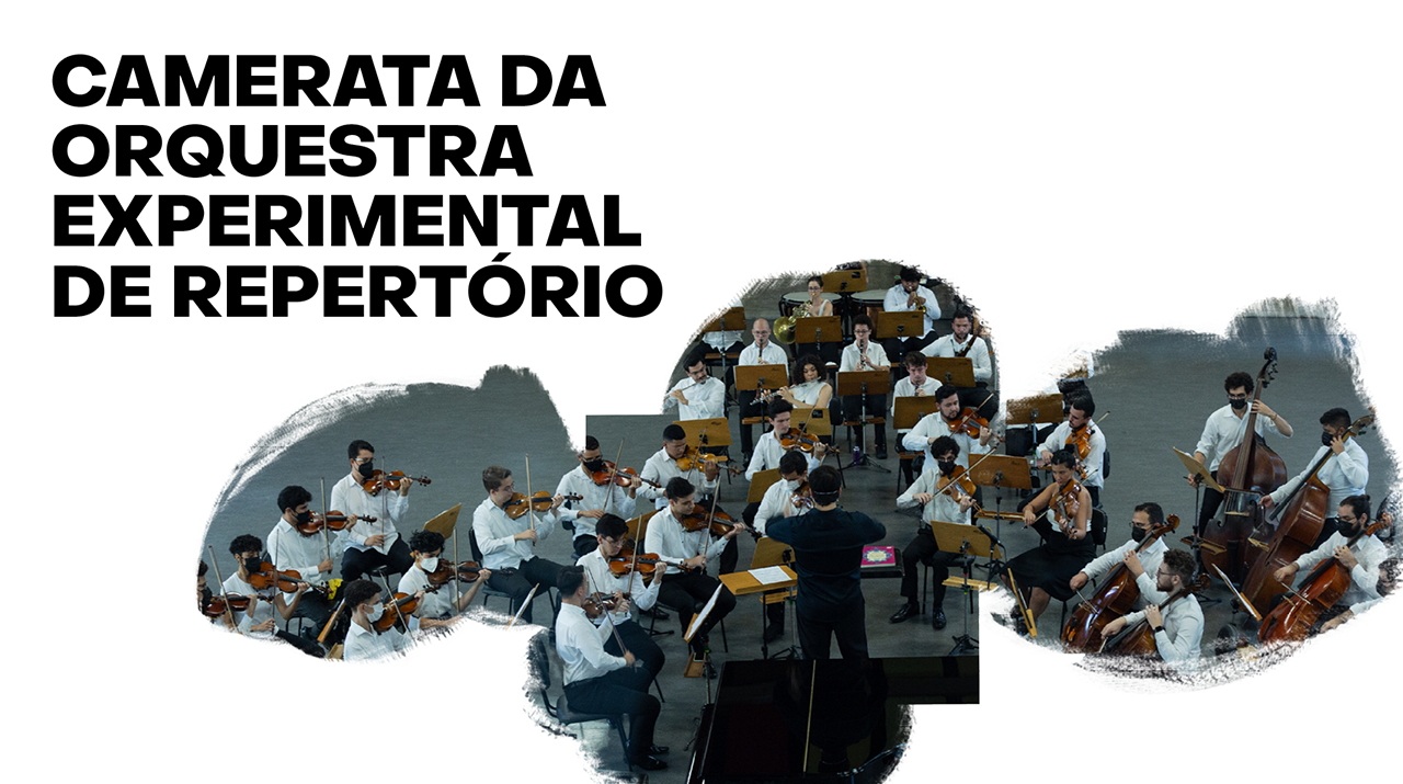 Fundo branco escrito em preto à esquerda Camerata da Orquestra Experimental de Repertório e à direita foto de uma orquestra completa tocando com regente à frente