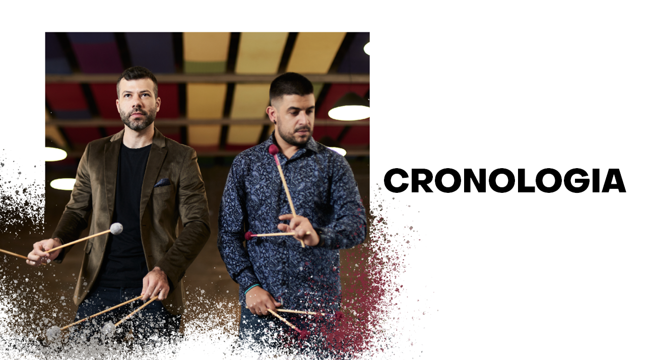Fotografia dos dois percussionistas brancos com cabelos e barbas curtas e escuras que trazem nas mãos suas baquetas. Texto na cor preta à direita que diz Cronologia.