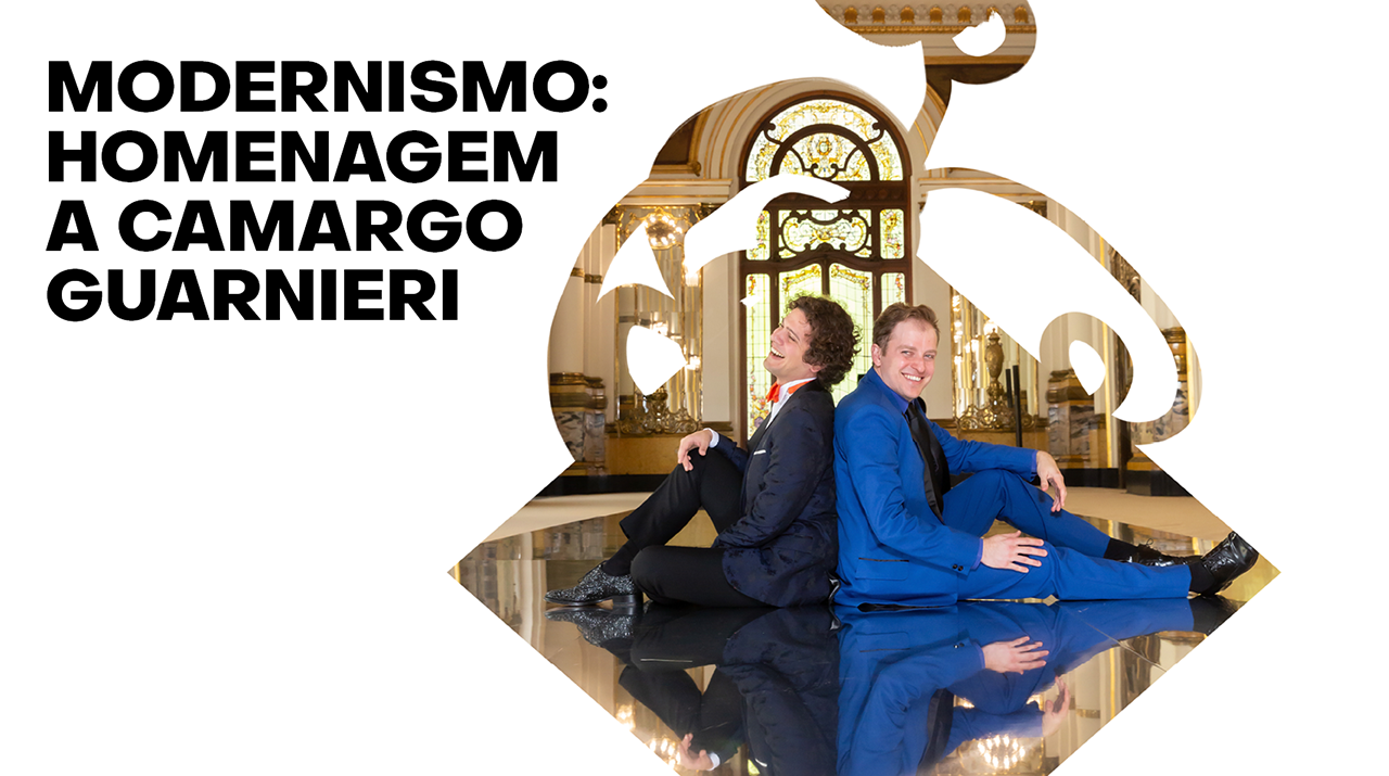 Escrito em preto Modernismo Homenagem a Camargo Guarnieri com foto de 2 músicos que vestem terno e estão sentados no chão espelhado
