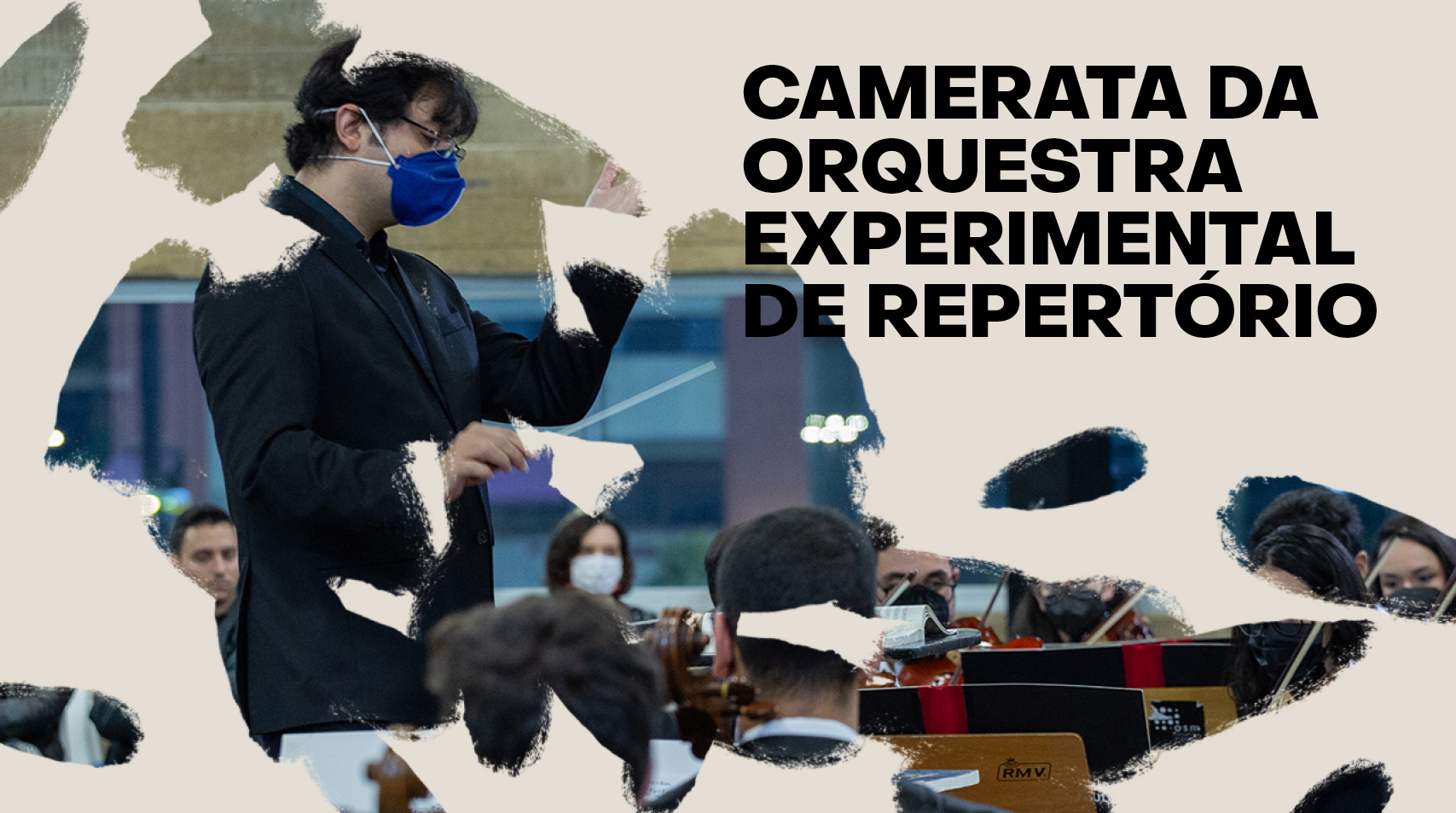Escrito em preto Camerata da Orquestra experimental de Repertório com foto do regente em destaque