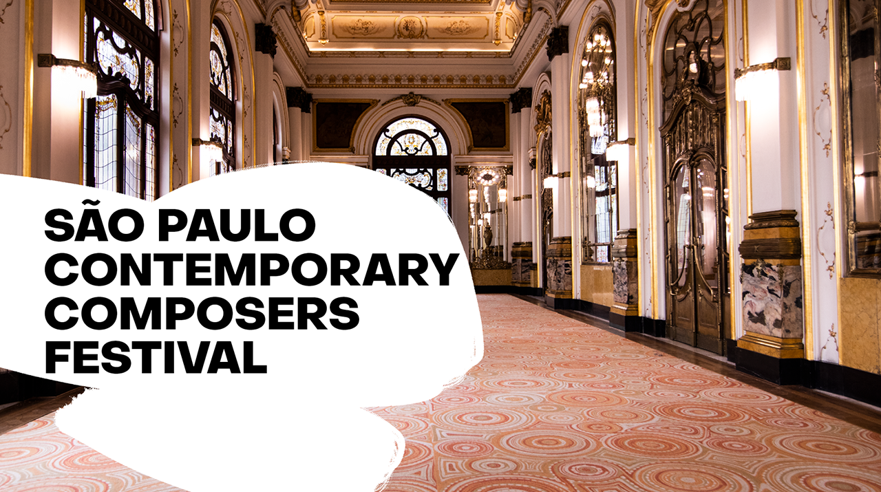 Foto do Salão Nobre escrito em preto São Paulo Contemporary Composers Festival