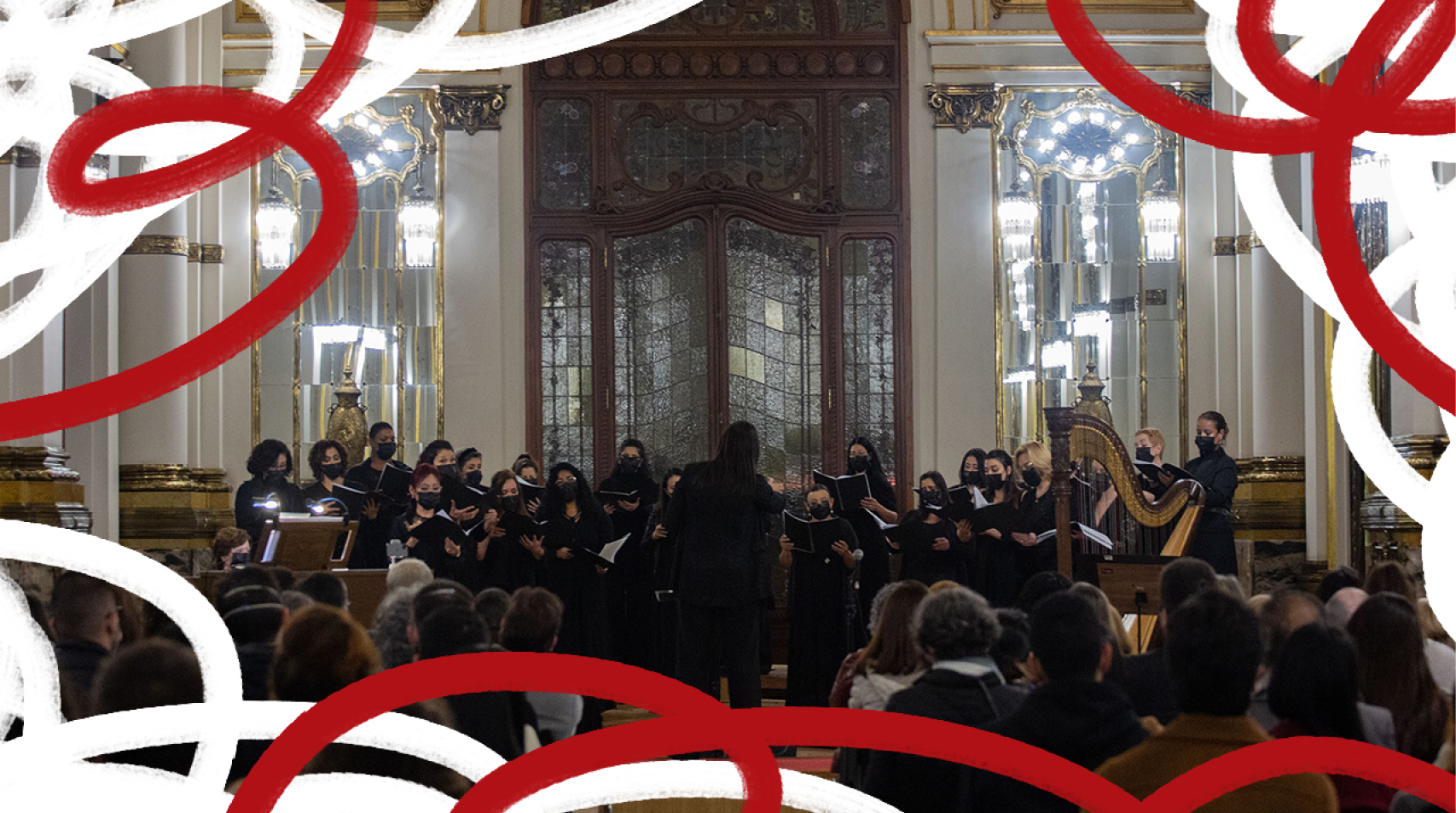 Foto do Coral Paulistano cantando durante uma apresentação no Theatro Municipal