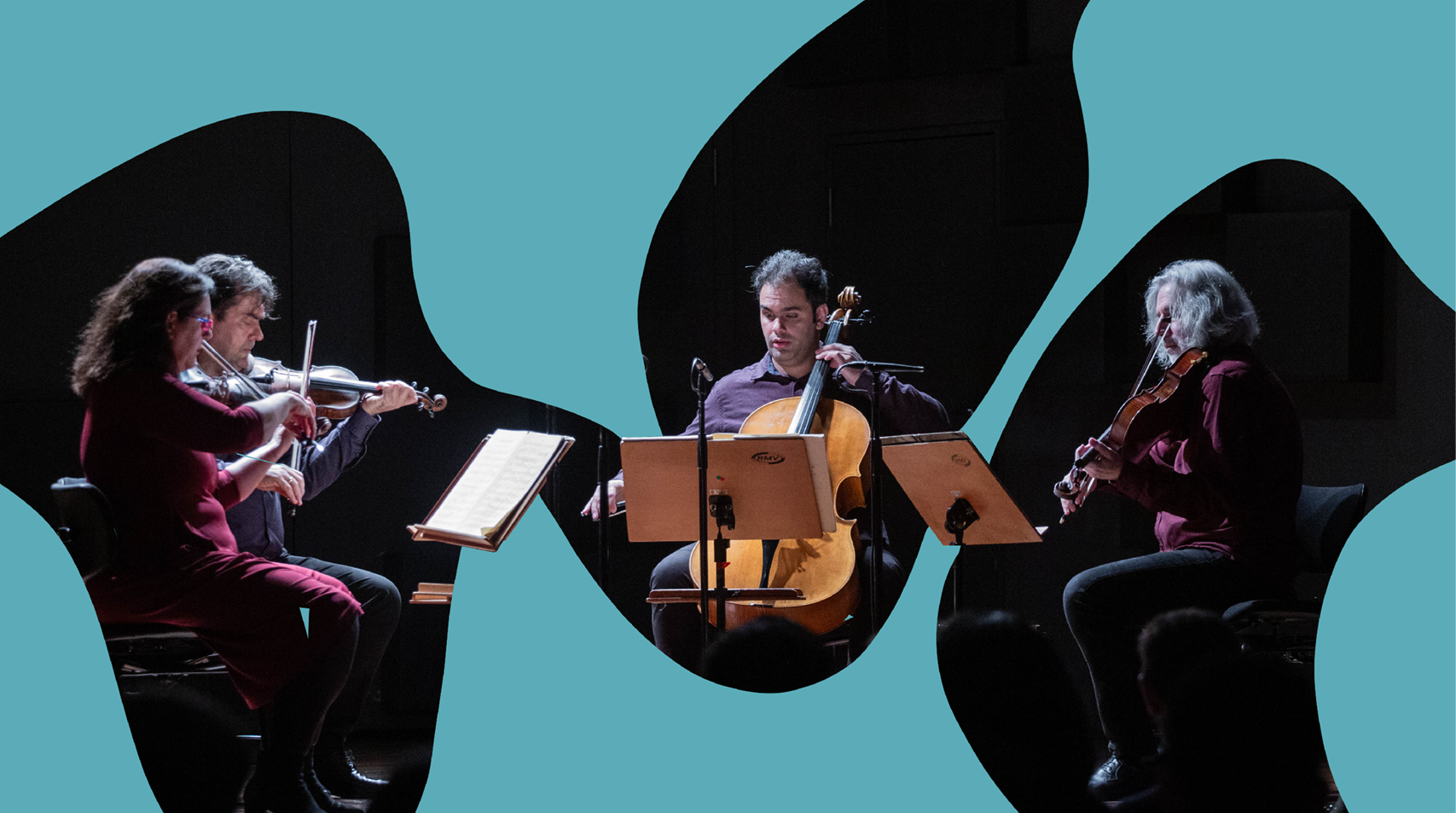 Foto dos quatro integrantes do Quarteto de Cordas da Cidade de São Paulo