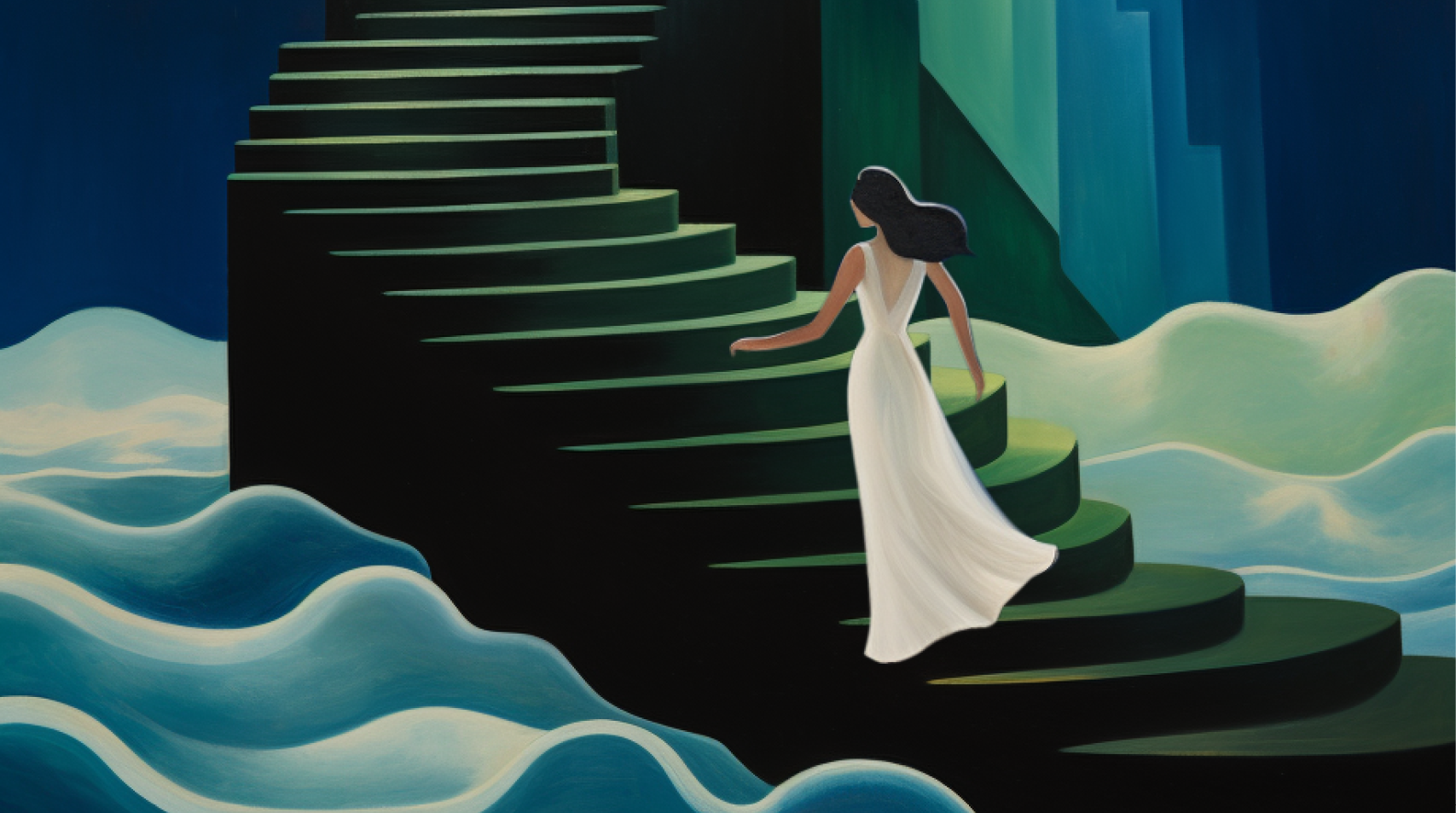 Ilustração de mulher de vestido branco subindo escadaria