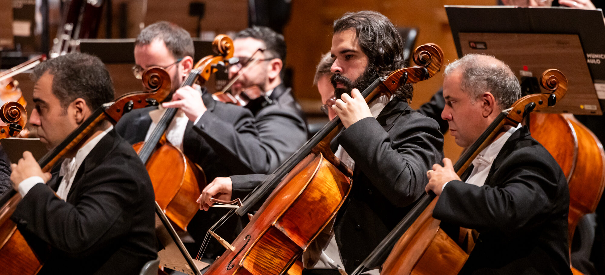 Músicos da Orquestra Sinfônica Municipal tocam durante um concerto